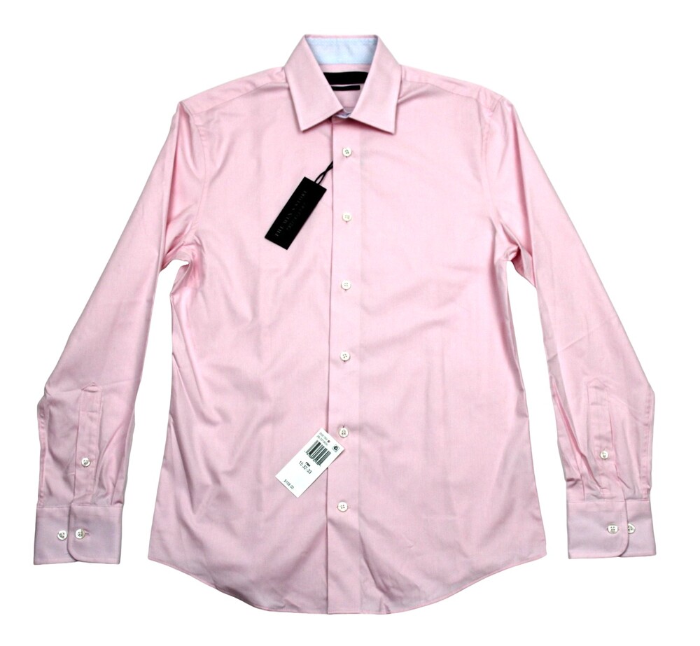 Men's Store Bloomingdale's Dress Shirt 15.5 34/35 Pink Slim Stretch Long Sleeve